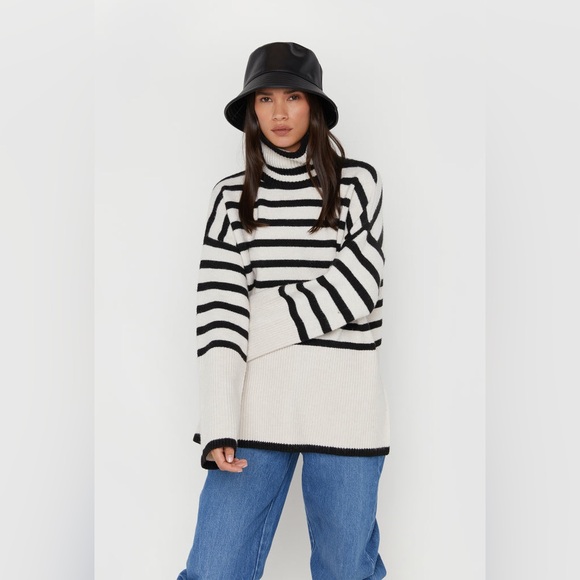 OAK + FORT Sweaters - Oak + Fort Striped Black and White Turtleneck Sweater